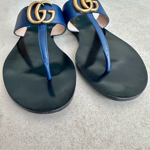 Gucci GG Marmont Sandals Navy Blue Leather Thong Flats Flip Flops EU 39.5 US 9.5 - Picture 7 of 12